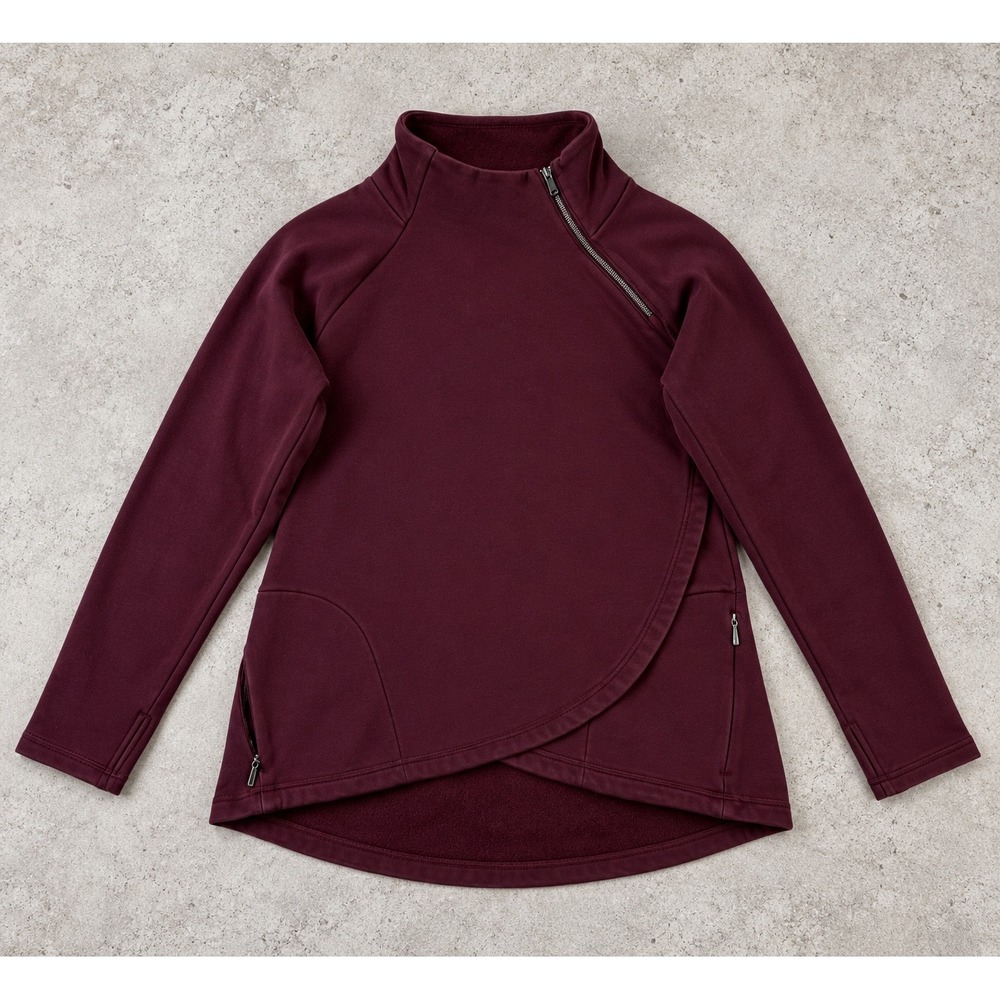 Athleta Cozy Karma Asym Pullover XL Burgundy Fleece Wrap Sweatshirt Pockets
